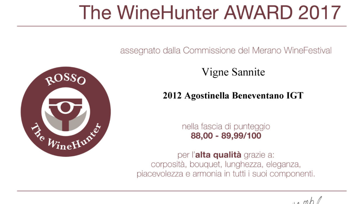 Certificazione di eccellenza da The WineHunter Award per tre vini Vigne Sannite