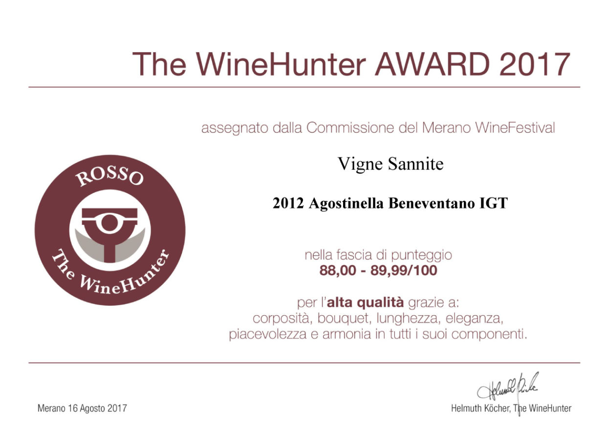 Certificazione di eccellenza da The WineHunter Award per tre vini Vigne Sannite